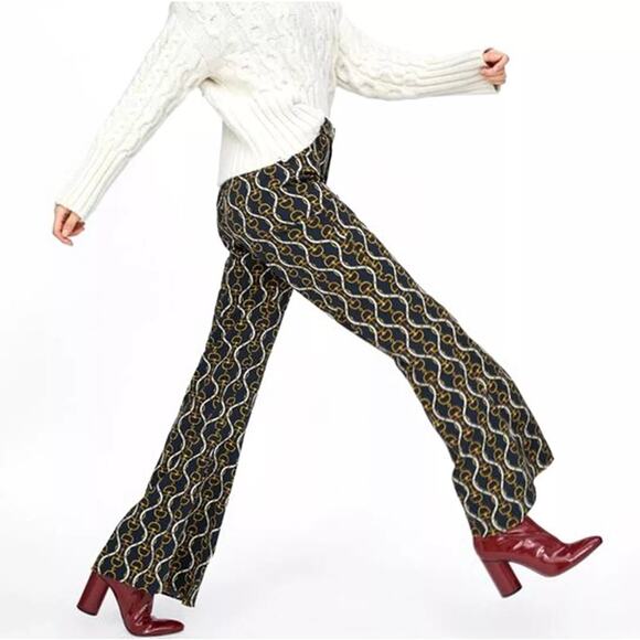 Zara Wide Leg Flare Belt Horsebit Chain Pattern Pants Festive Small High Rise - Picture 7 of 12